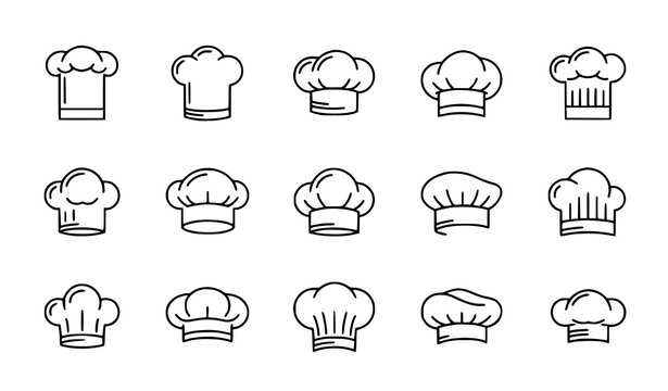 Chef hat outline icon set with editable stroke for restaurant branding menu and culinary design elements
