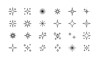 Minimalist sparkle and starburst line icon set with thin black editable stroke for UI branding and decorative design © MstLaily
