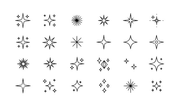 Minimalist sparkle and starburst line icon set with thin black editable stroke for UI branding and decorative design