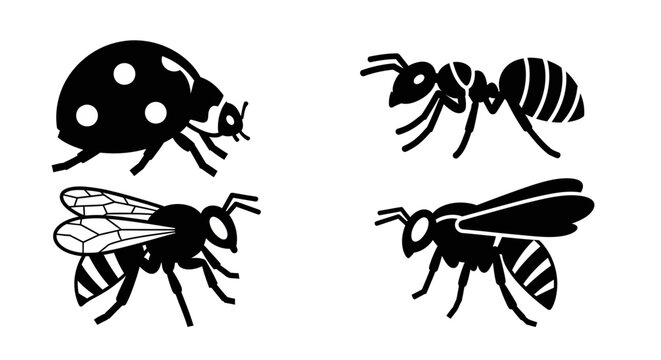 Insect silhouettes collection: ladybug, ant, and flying bees vector icons