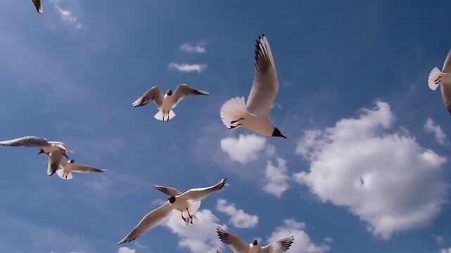 White Seagull Flying Over Head. A flock of seagulls chaotic rushes for the camera on a background of blue sky and white clouds