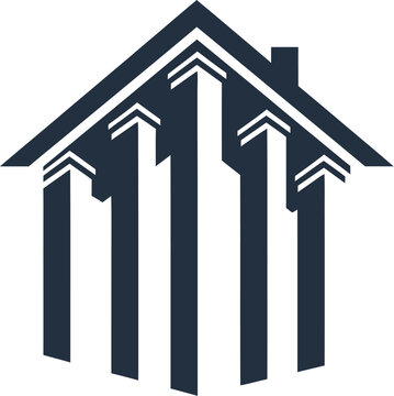 A modern logo design featuring a stylized house with columns on a white background