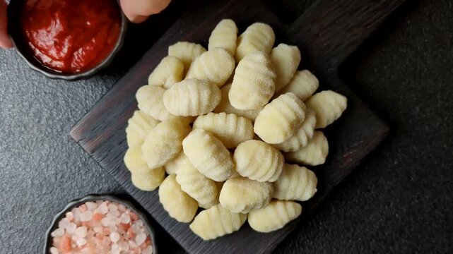 Raw homemade potato gnocchi, made with salt and spices, ready for lunch. Raw gnocchi as a food background for your design