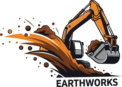 A logo of an excavator machine with the word earthworks written below it
