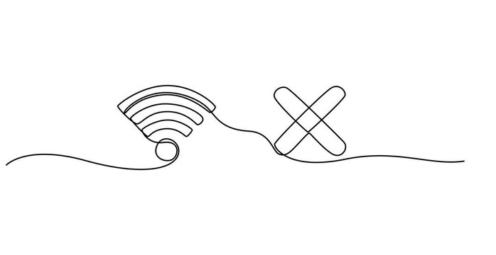 WI-FI wireless connection signal and cross mark animation continuous line drawing, WI-FI wireless connection signal and cross mark animation continuous line drawing, Animated self drawing of minimal.