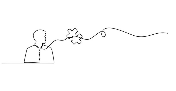 Animated self drawing of continuous line draw businessman showing puzzle that connected. missing link puzzle piece, solution abstract concept. Full length one line animation. 4K video, pro