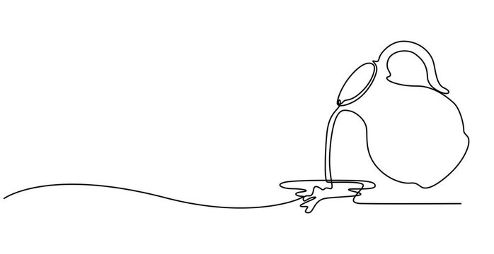Animated self drawing of continuous line jug pouring water. Full length one line animation. 4K, one line drawing of water coming out of a clay jug.antique jug. pitcher for milk, water,juice, pour into