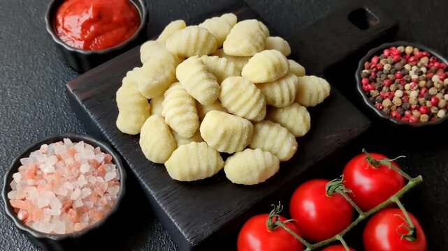 Raw homemade potato gnocchi, made with salt and spices, ready for lunch. Raw gnocchi as a food background for your design