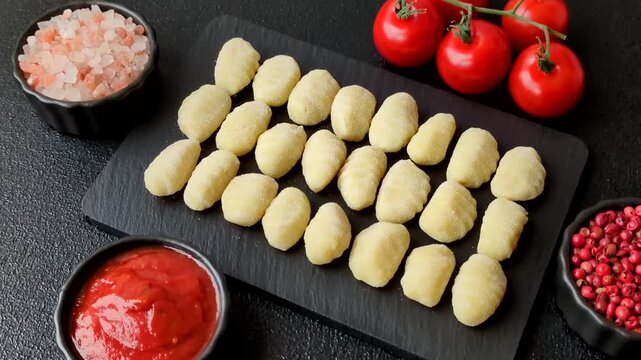 Raw homemade potato gnocchi, made with salt and spices, ready for lunch. Raw gnocchi as a food background for your design