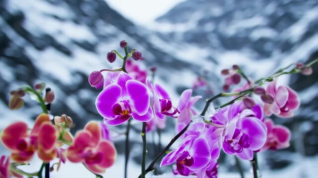 Close-up of vibrant pink and purple orchids in snow-covered mountains