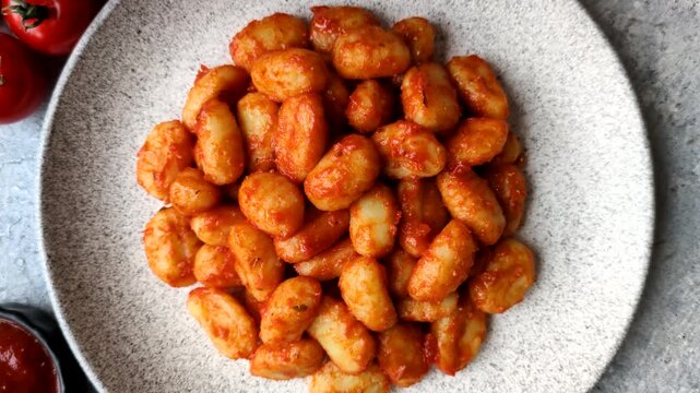 Homemade potato gnocchi with Bolognese sauce, seasoned with salt and spices, ready for lunch. Gnocchi with sauce as a food background for your design