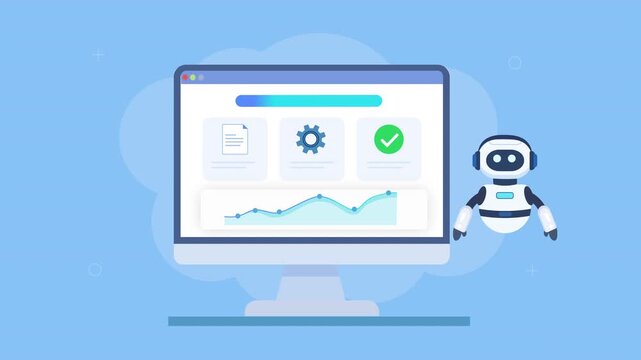 Flat vector animation of a desktop dashboard with analytics graph, settings icon, and a friendly robot assistant, showing AI automation, system monitoring, and workflow processes.