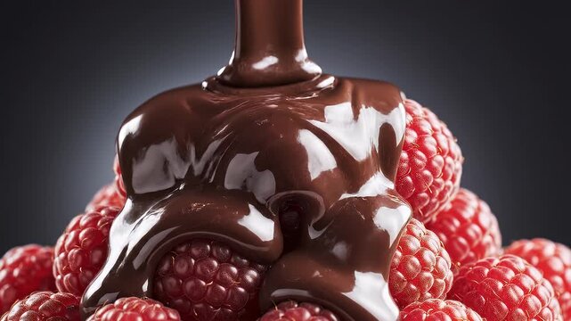Rich chocolate sauce being drizzled over fresh raspberries