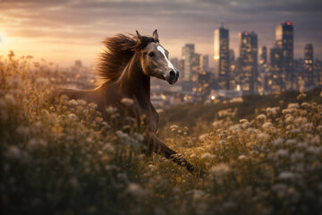 Fototapeta premium Braunes Pferd galoppiert über Blumenwiese vor urbaner Skyline bei Sonnenuntergang