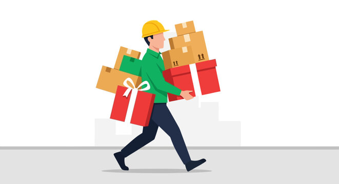 Delivery worker struggles with a large stack of gift wrapped boxes