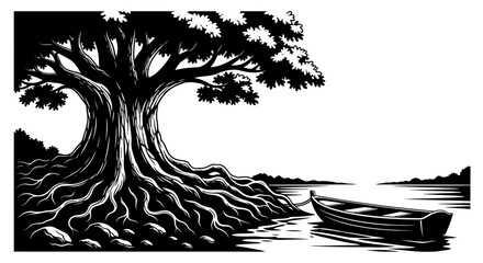 A striking black and white illustration of a tree and small boat © Muskan