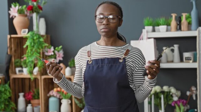 Woman florist in apron holds pruning shears and floral knife in hands, inspecting tools in studio; focused.