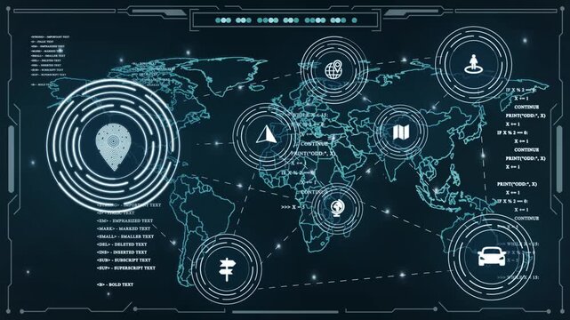Futuristic digital interface animation showcasing an advanced holographic location pin marker and a dynamic radar scanning effect on a dark grid
