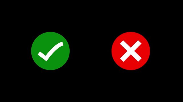 Video footage of yes or no, true or false with alpha channel. check mark and cross mark signs icon animation, pop-up green check mark and red cross X symbol. Green check mark and red cross mark icon