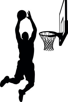 Black silhouette of a basketball player dunking near a hoop