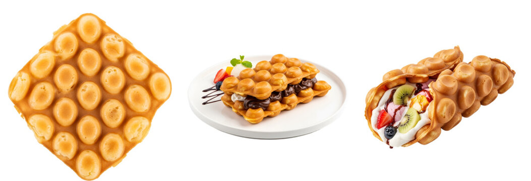 A delicious bubble waffle with various toppings on transparent background