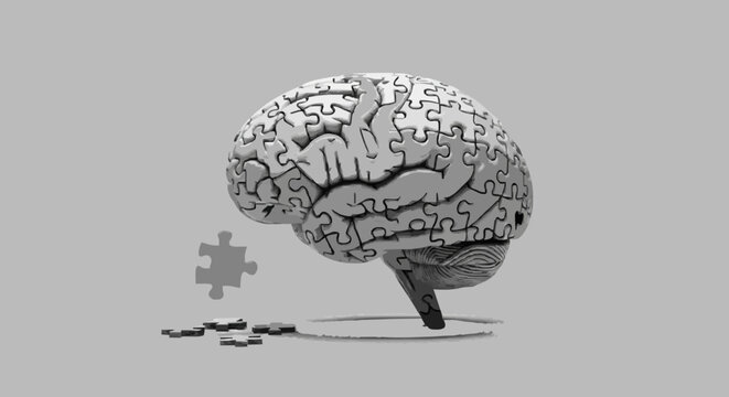 Abstract grayscale image of a human brain composed of interlocking puzzle pieces, with one element detached, symbolizing cognitive function, problem-solving, and the quest for understanding the mind