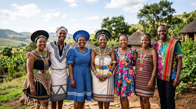 Group of smiling South African people in colorful traditional ethnic clothing standing together in a rural village setting