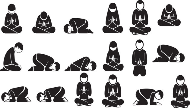 Collection of various muslim prayer positions in simple black silhouette style isolated on white background