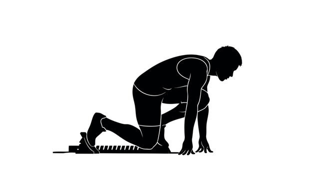 Black silhouette of a runner in starting blocks on a white background running track and field athlete