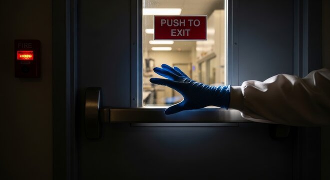 Gloved hand pushes door to exit