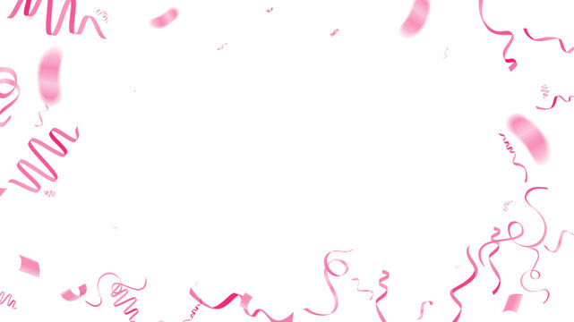 pink celebration streamers and confetti scattering against a clean white background. The composition features a graceful frame of swirling curly ribbons and paper scraps