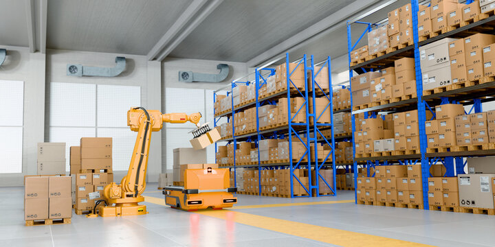 Warehouse Scene with High Shelves. Robotic Palletising and Packaging Concept.. 3D illustration	
