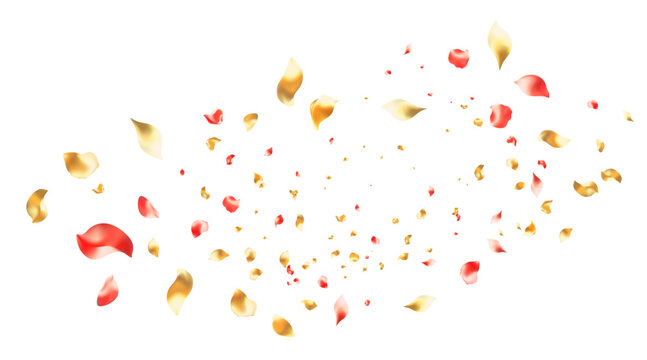 vibrant scattering of small red and soft pink flower petals alongside shiny metallic gold petals, floating and blowing across
