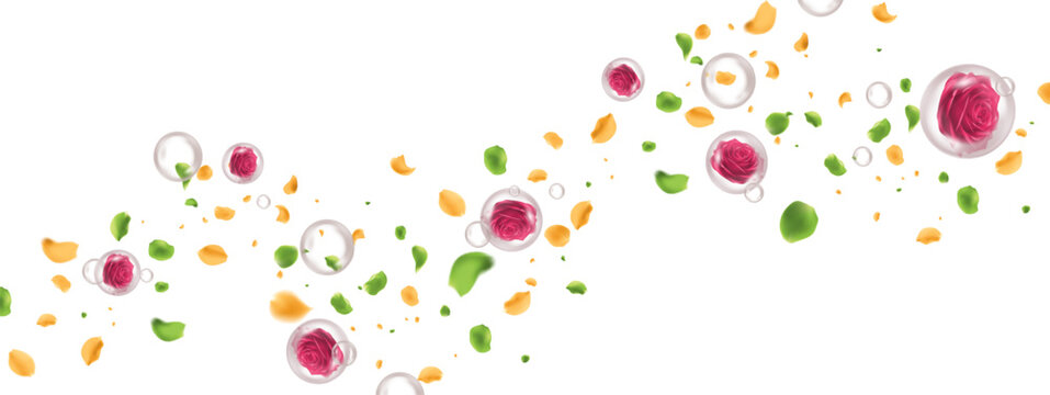 scattered vibrant pink and magenta roses floating inside crystalclear bubbles and delicate pearls The roses are of varying sizes and stages of bloom falling green leaves and small yellow petals, 
