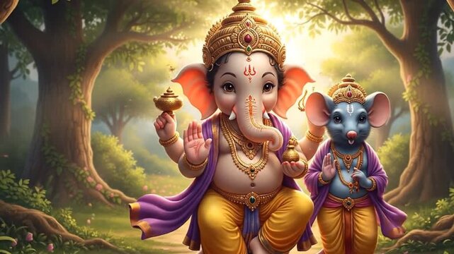 Cute Baby Ganesha Riding Mouse in Peaceful Forest Illustration