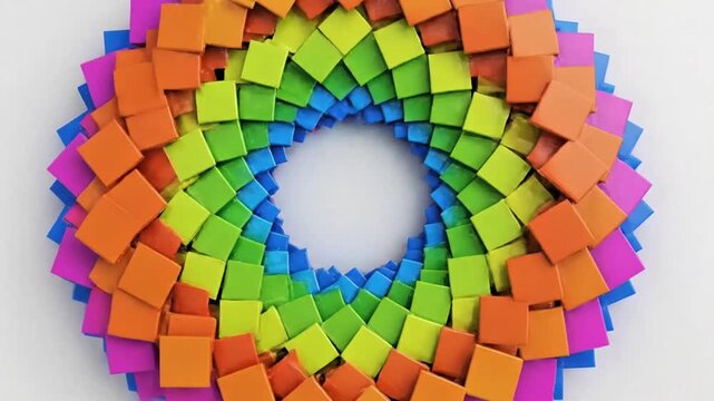 Top-down rotating spiral formation of colorful squares gradually covering a white background, smooth rotational motion, hypnotic pattern, soft glow highlights, perfect symmetry