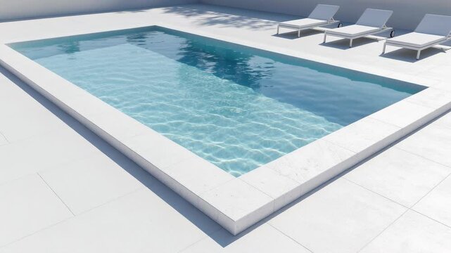 Modern outdoor swimming pool with crystal clear water and white lounge chairs on sunny day