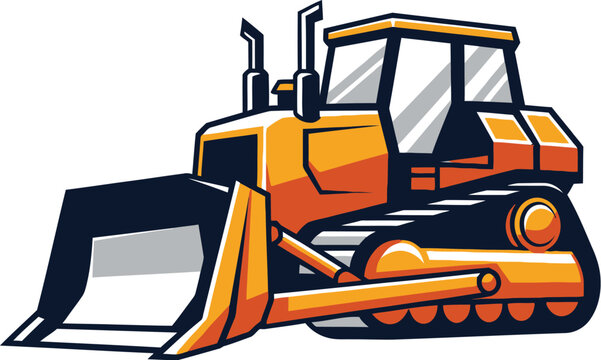 A cartoon bulldozer with a large blade and tracks on a white background