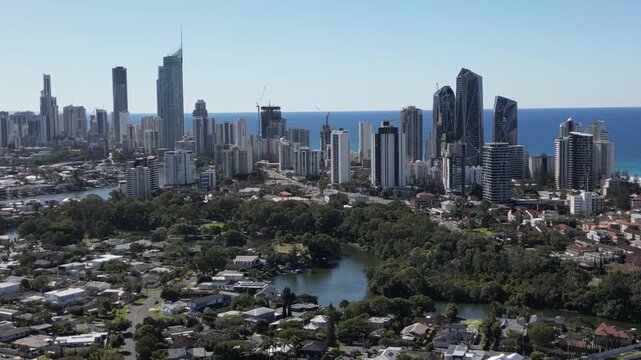 Aerial view Gold Coast Australia. Cityscape, skyscrapers on the ocean shore travel and tourism.
