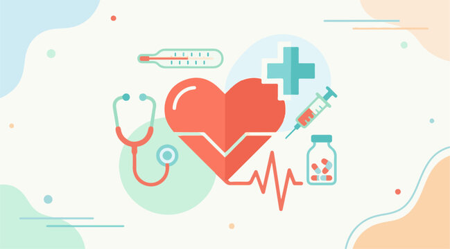 Medical health care symbols with stethoscope, heartbeat, syringe, and thermometer on a white background