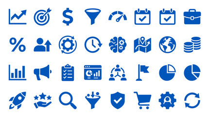 Fototapeta premium Collection of blue business and finance icons representing growth strategy analytics data management and success in digital marketing and startup concepts