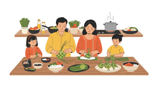 Family Cooking Traditional and ketupat Food Vector
