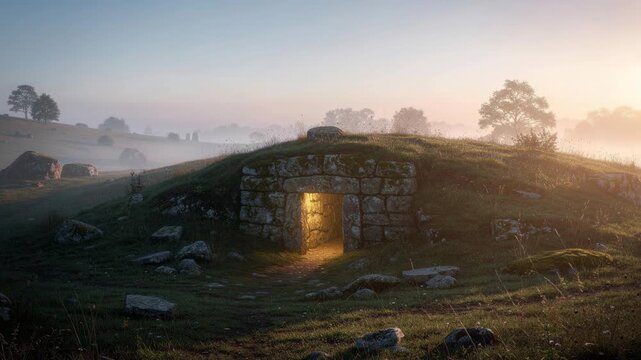 Ancient stone burial mound with glowing entrance in misty rural landscape at sunrise