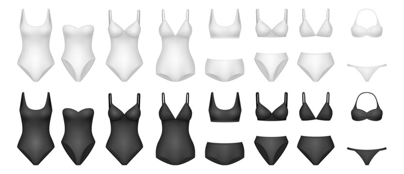 Swimwear set collection in variety styles. Vector isolated realistic swim apparels. Tank and strap design, strapless cut and sport shape. Bikini forms with different bottom and top variations