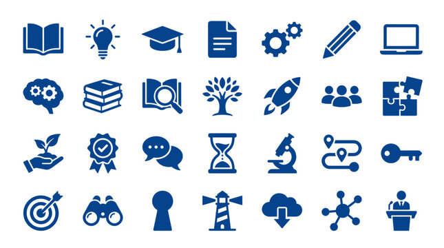 Collection of blue education and business concept icons representing knowledge learning growth innovation strategy and success on white background