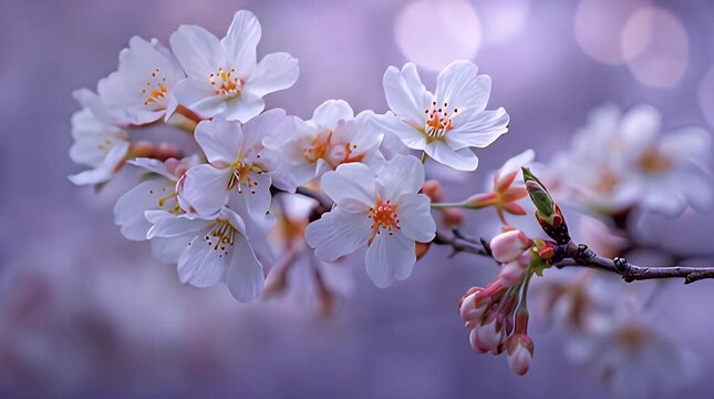A close-up view of delicate white flowers with orange centers and pink buds on a branch against a soft, blurred violet background