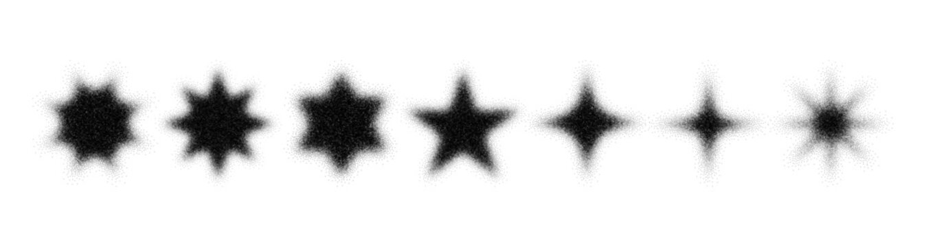 Grunge Y2K stars in gradient fading sequence. Vector isolated monochrome style asterisks. Set of distressed silhouettes with rough texture. Retro digital artwork, posters and grain design