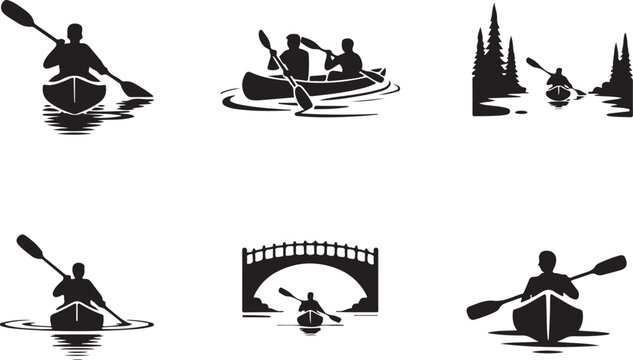 Kayaking and canoeing cin set, flat black vector design