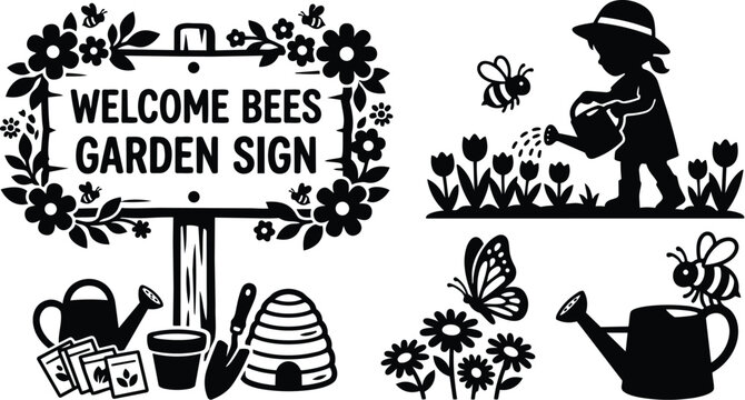 Line art garden scene with welcome bees sign and girl watering flowers