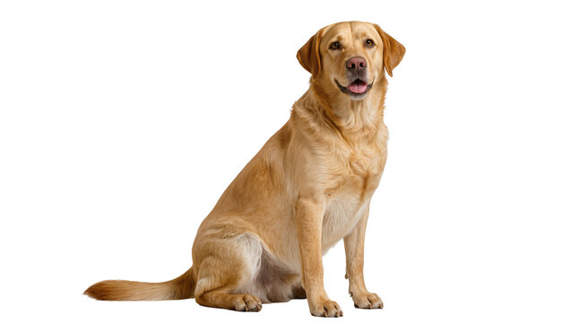 Isolated Yellow Labrador Retriever dog sitting, looking forward with happy friendly expression